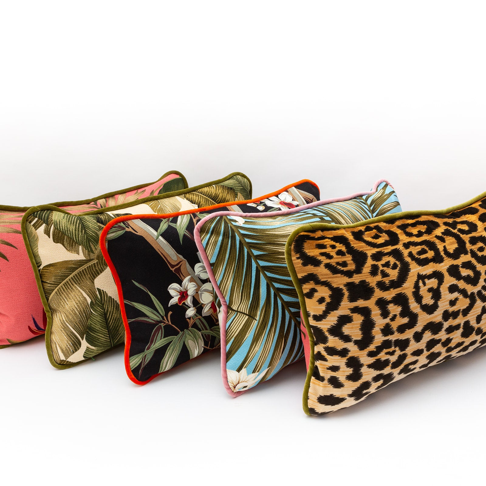 Coral Tropical & Leopard Velvet Mix Luxury Bolster Cushion
