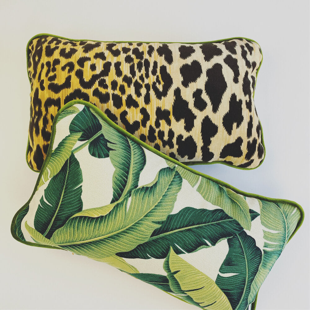 Vibrant Banana Leaf + Leopard Mix Luxury Bolster Cushion